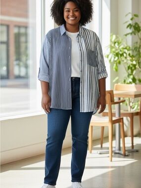 Claire France Blue & White Striped Button-Up Shirt size 18